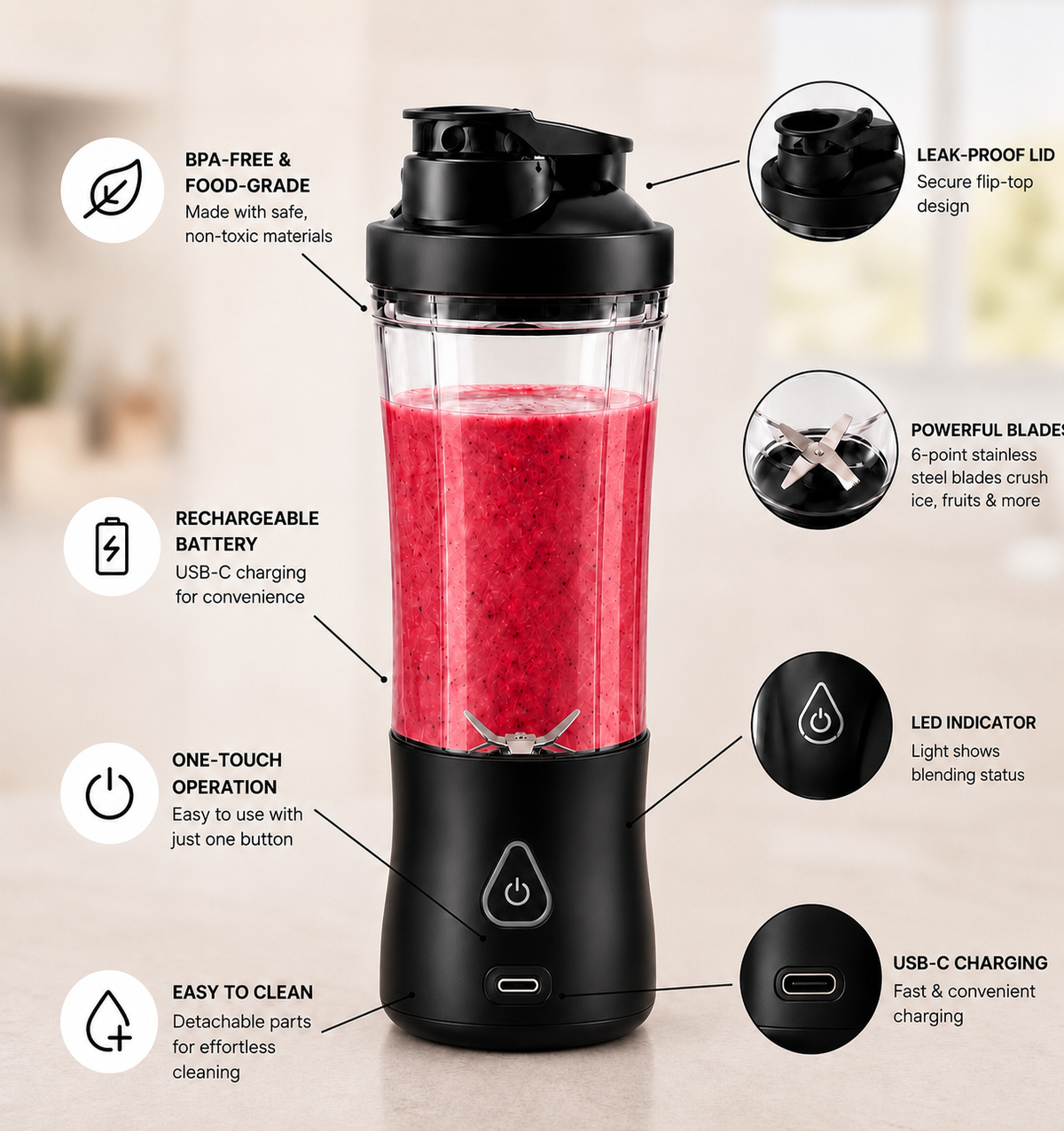 Portable Blender 700ML – USB Rechargeable Personal Mixer for Smoothies, Shakes & Fresh Drinks